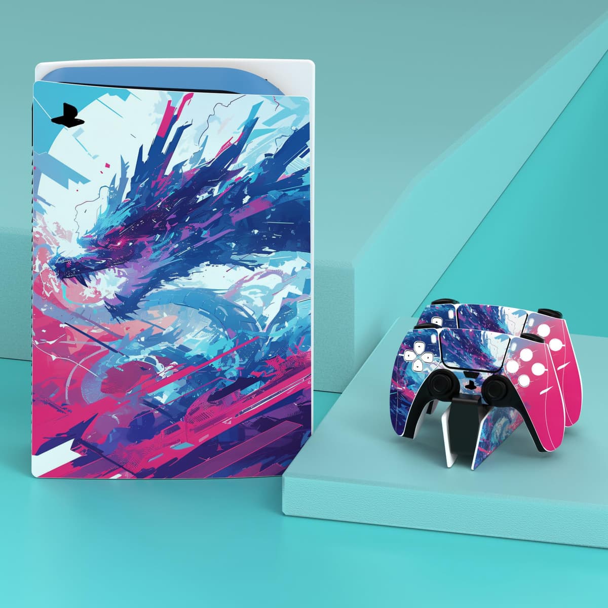 PlayVital Neon Dragoon Full Set Skin Decal for PS5 Console Disc Edition, Sticker Vinyl Decal Cover for PS5 Controller & Charging Station & Headset & Media Remote — view 2