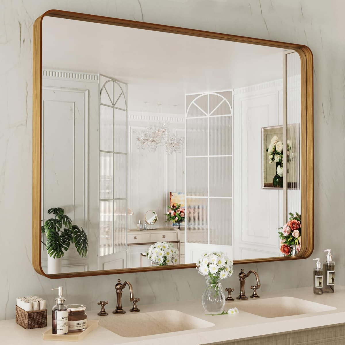 LOAAO 48”X36” Gold Bathroom Mirror, Rounded Rectangle Gold Frame Mirror, Brushed Gold Bathroom Vanity Mirror Wall-Mounted, Anti-Rust, Tempered Glass, Hangs Horizontally or Vertically — view 38