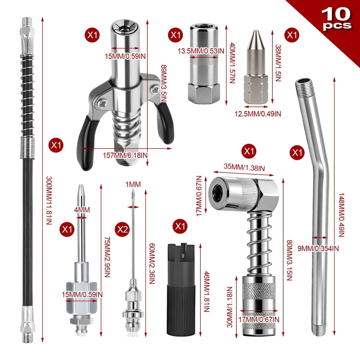 Kit de 10 Boquilla Engrasadora Boquillas De Engrase Autobloqueante de Doble Mango, Boquilla a 90°, Manguera de 30 CM y Accesorios Compatible con Engrasadora Manual, Eléctricos y Neumáticos — view 2