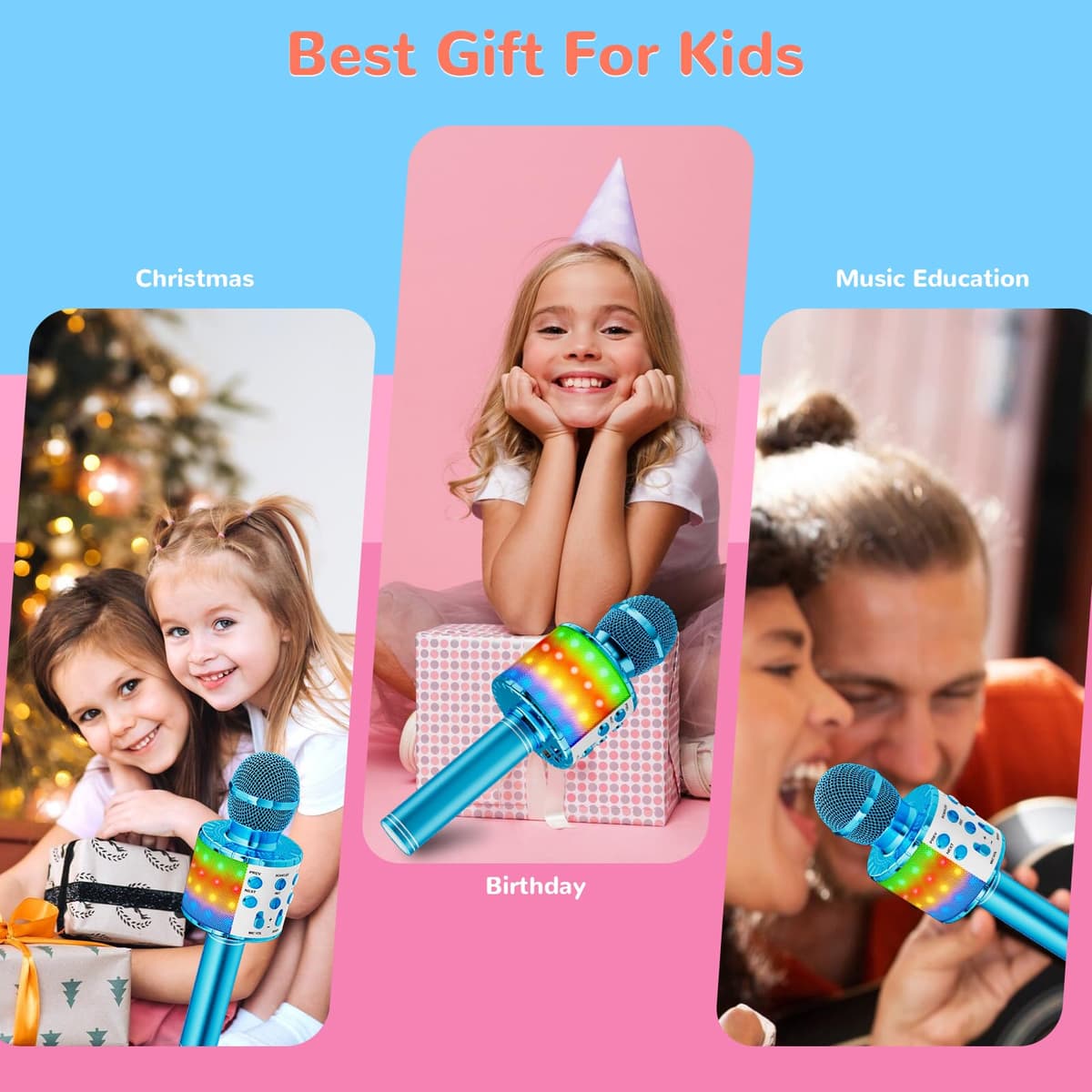 Ankuka Micrófono Karaoke Bluetooth Micrófono Inalámbrico Karaoke Micrófono Niña con Luces LED Regalo Juguetes para Niños Micrófono Cambiador de Voz, Compatible con Android, iOS, PC Azul — view 7