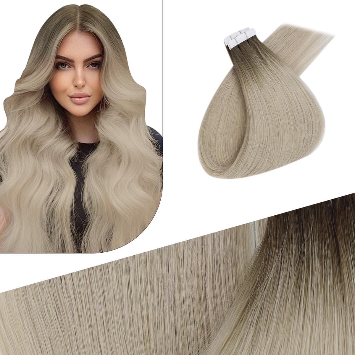 Fshine Extensiones Pelo Natural Adhesivas Rubio Blanco Extensiones Remy Adhesivas 45cm 50g Tape In Hair Extensions Cintas De Cabello Pelo Natural Color 1000 — view 40