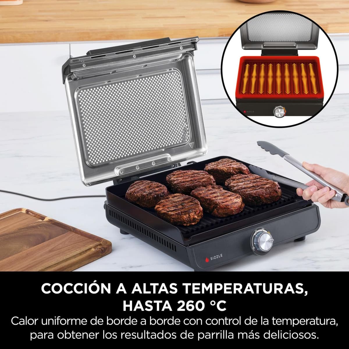 Ninja Sizzle Parrilla y plancha de interior eléctrica, dos placas intercambiables antiadherentes aptas para lavavajillla, bandeja para grasa, control de temperatura y guía de recetas, en gris, GR101EU — view 3