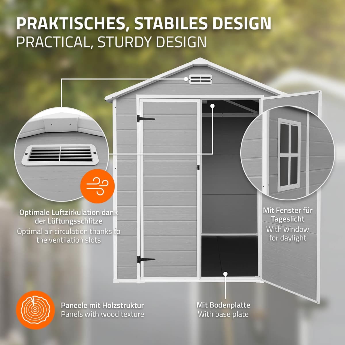ECD Germany Caseta de Jardín con Suelo, 5m³ 151x182x220 cm Gris Claro, Cobertizo Exterior de Plástico para Almacenamiento de Herramientas, con Tejado en Dos Aguas, Puerta y Ventana de Ventilación — view 3