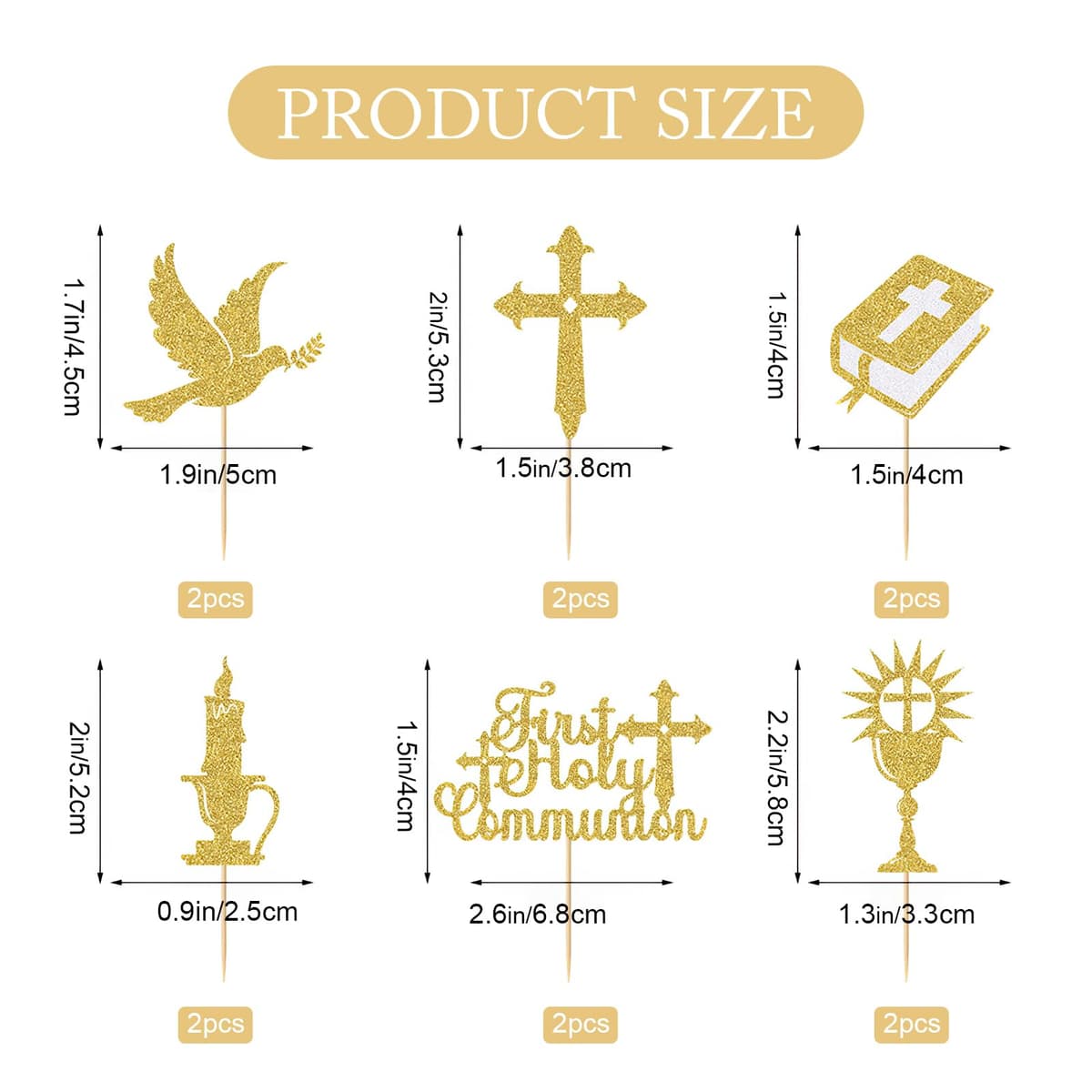 12 Pcs First Holy Communion Cake Glitter Topper, Christian Christening Cake Topper, Holy Communion Decorations, Gold God Bless Dove Cross Cakes Topper for Baby Shower Christian Party Decoration Suppli — view 2