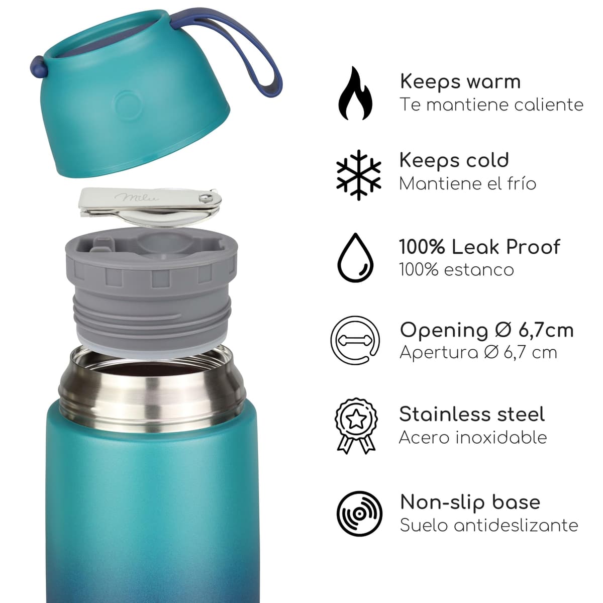 Milu Termo para Comida 450 ml Taza Aislada, Botella de Acero Inoxidable Aislada Alimentos, Beber y sopa de los niños de adultos Térmico (450ml/Verde Azul) — view 4