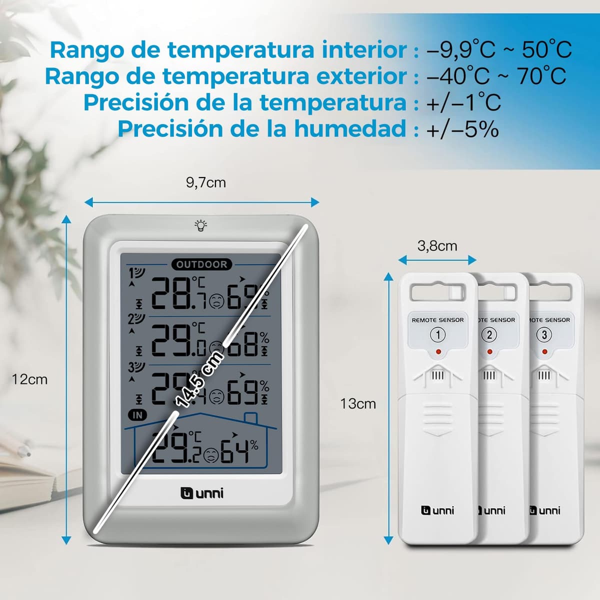 Termómetro inalámbrico para interiores y exteriores con 3 sensores, pantalla de 4.5 pulgadas, alcance de 100 m y retroiluminación Ajustable — view 4