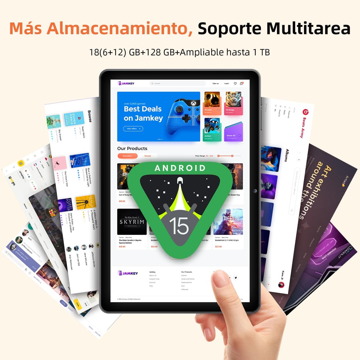 Tablet 10 Pulgadas, Tableta Android 15 con Funda, Unisoc T30 Quad-Core, 18 GB RAM + 128 GB ROM + 1 TB TF, Pantalla HD IPS 1280x800, Cámara Dual 5MP + 8MP, 6000 mAh, WiFi 6, BT 5.0, Widevine L1 (K302) — view 4