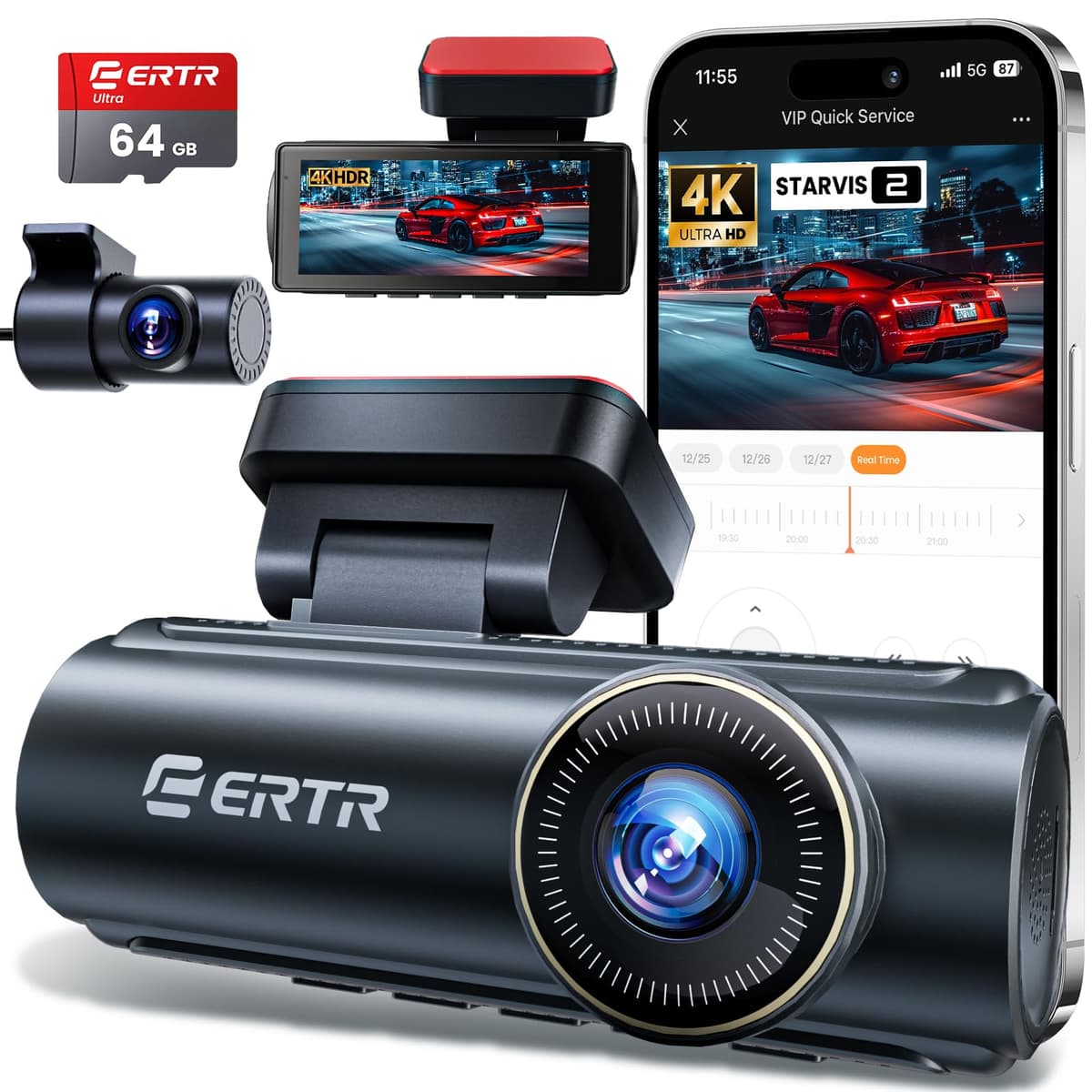 4K Dash Cam Front and Rear, 5GHz WiFi Wireless Dashcam with 64GB SD Card,4K+1080P Dual Car Dash Camera, Full HD Dash Cam with APP Control, G-Sensor, WDR, Loop Recording Easy Setup