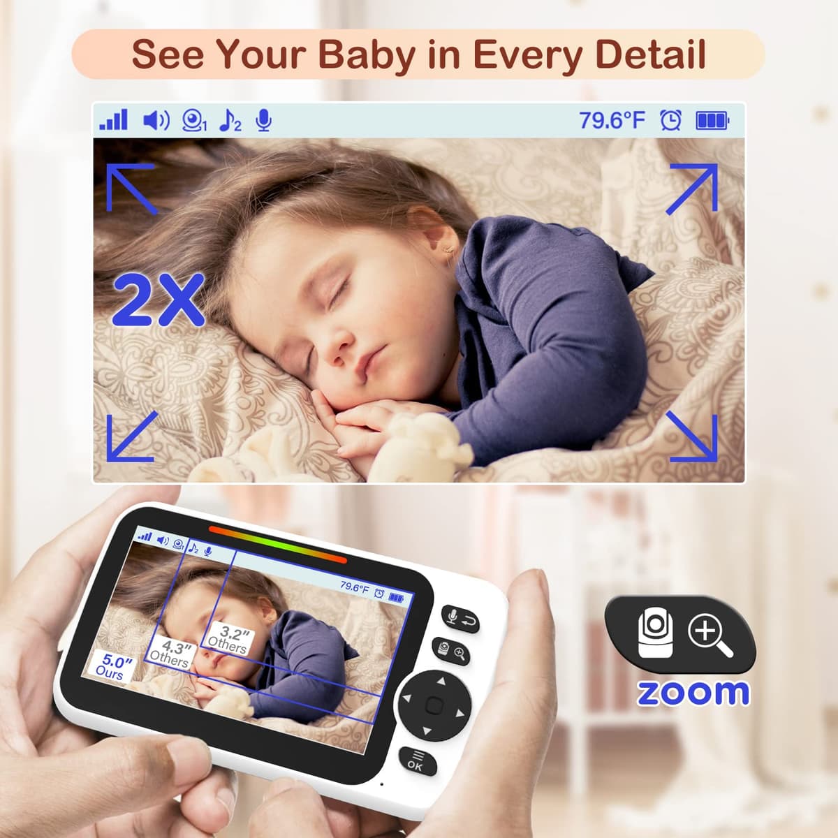 Blemil 5" Split-Screen Baby Monitor with 30-Hour Battery, Large Video Baby Monitor with Camera and Night Vision, Remote Pan/Tilt/Zoom Camera, Two-Way Talk, Lullabies, No WiFi,Up to 1000ft — view 5