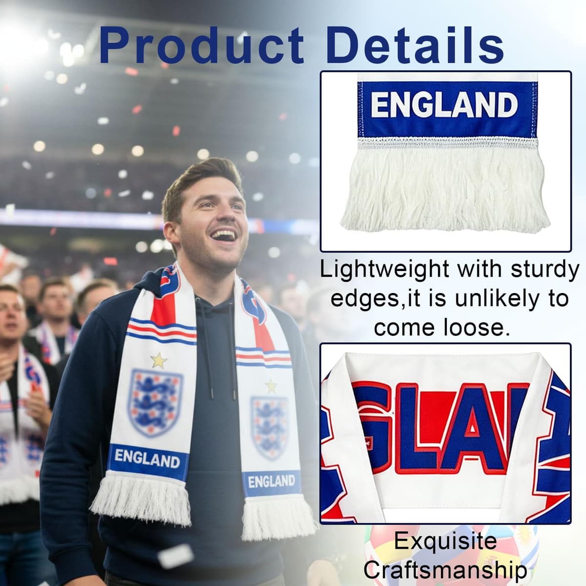 England World Football Cup 2026 Scarf, Red White Blue National Colours England Supporters Scarf for Men Women, World Football Cup Fans Gear for Tournaments Match Day Pub Viewing Sports Events — view 3