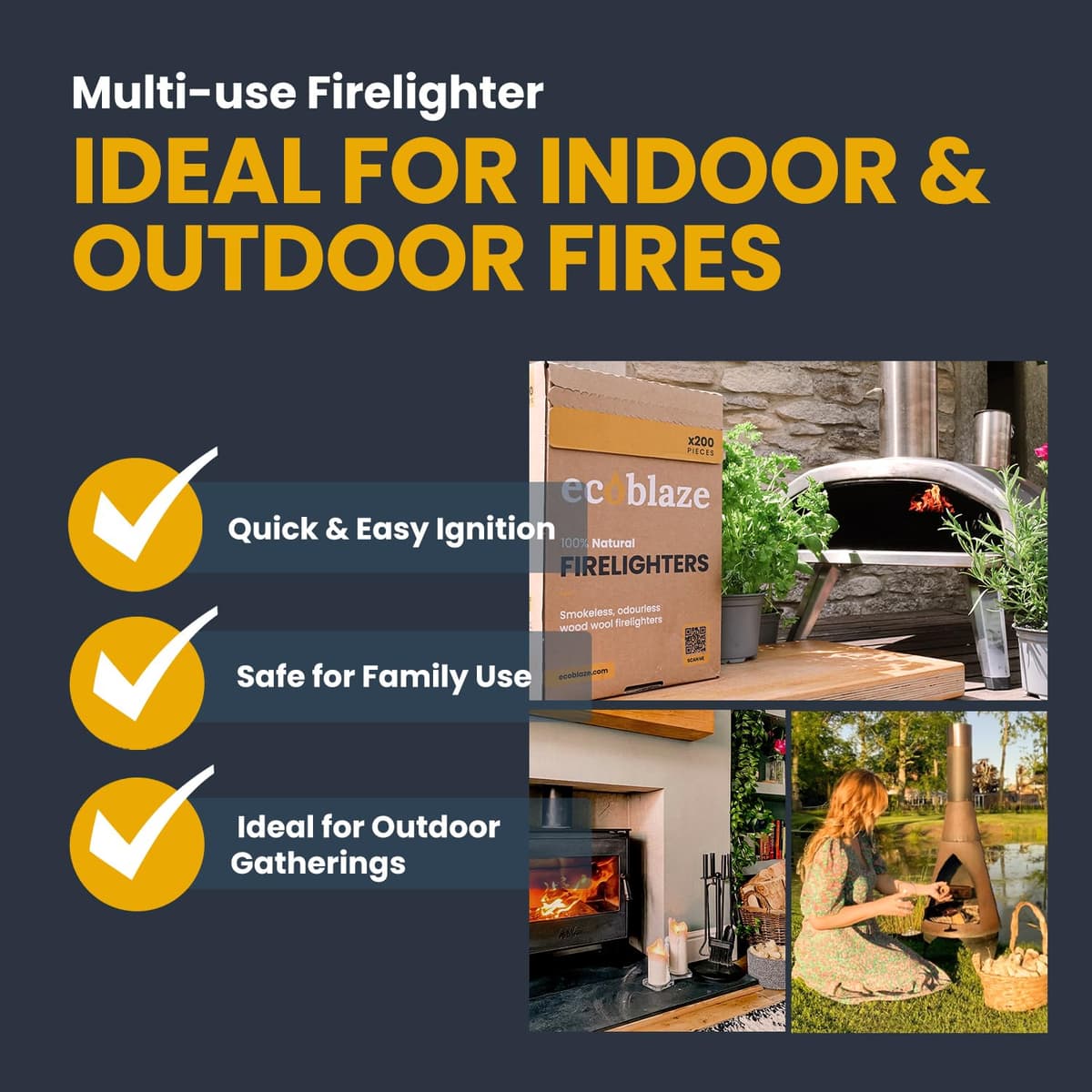 Ecoblaze Natural 24 Firelighters - Fire Lighters for BBQ, Pizza Oven, Fire Pits - Wood Wool Fire Starters - Perfect for Garden Life & Camping, Safe, Clean Wax Coated Instant Firestarter — view 3