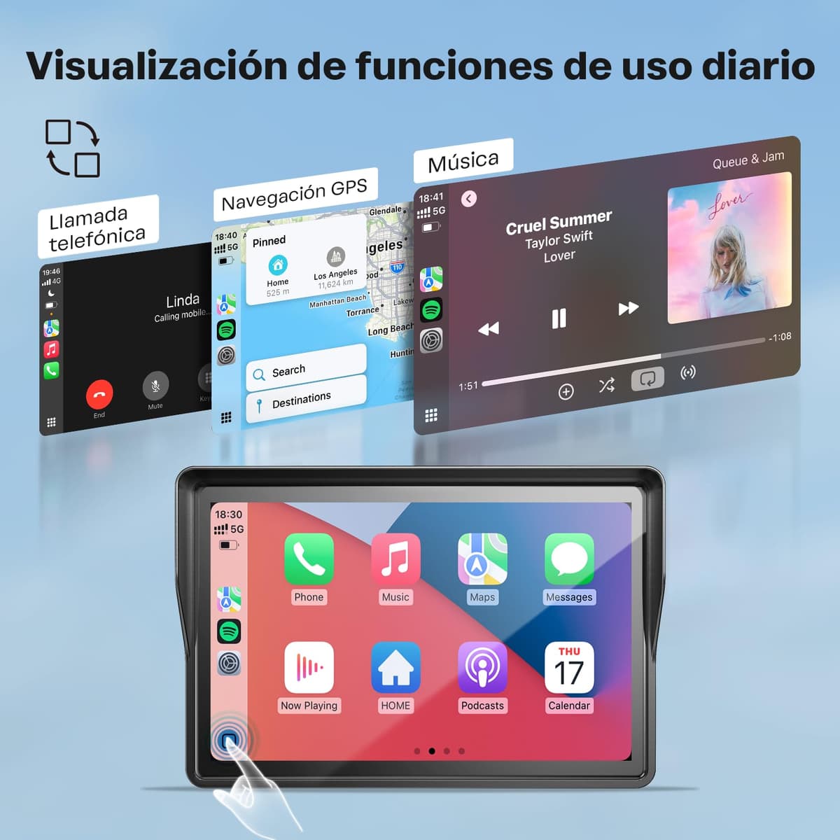 WonVon 5 Pulgadas CarPlay para Motocicleta Sistema de Navegación GPS con Apple CarPlay y Android Auto Pantalla Portátil con Doble Bluetooth, Navegación, Siri, Asistente de Google — view 3