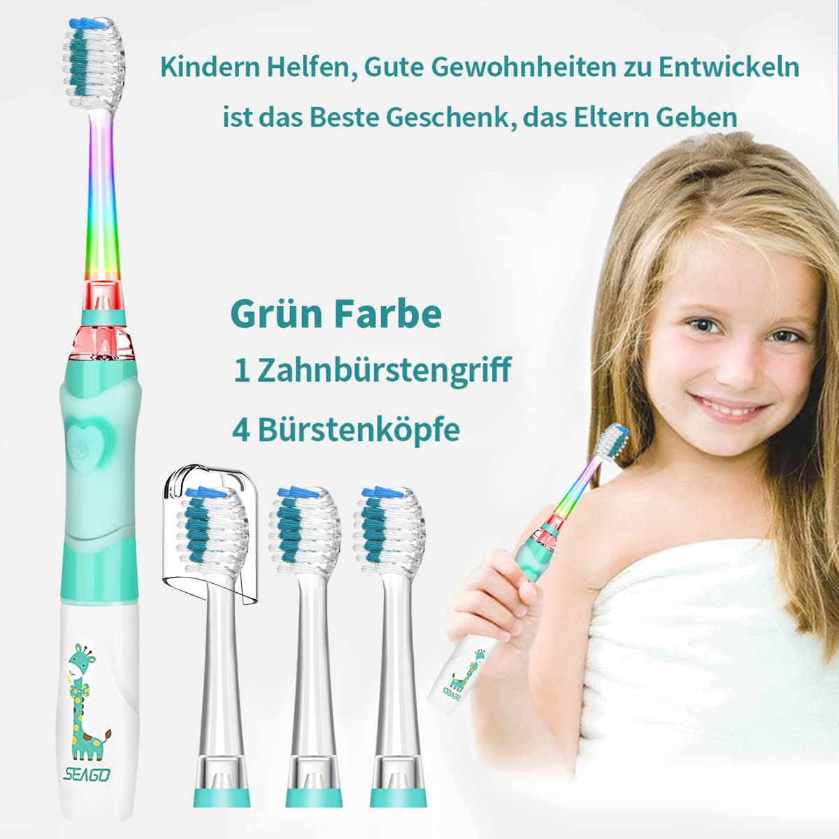 Seago Cepillo de Dientes Infantil Eléctrico Para Niños 3–12 Años Kids Con Luz de Colores,Temporizador Inteligente de 2 minutos,4 Cabezales Suaves SG-EK6/SG-977 (Verde) — view 8