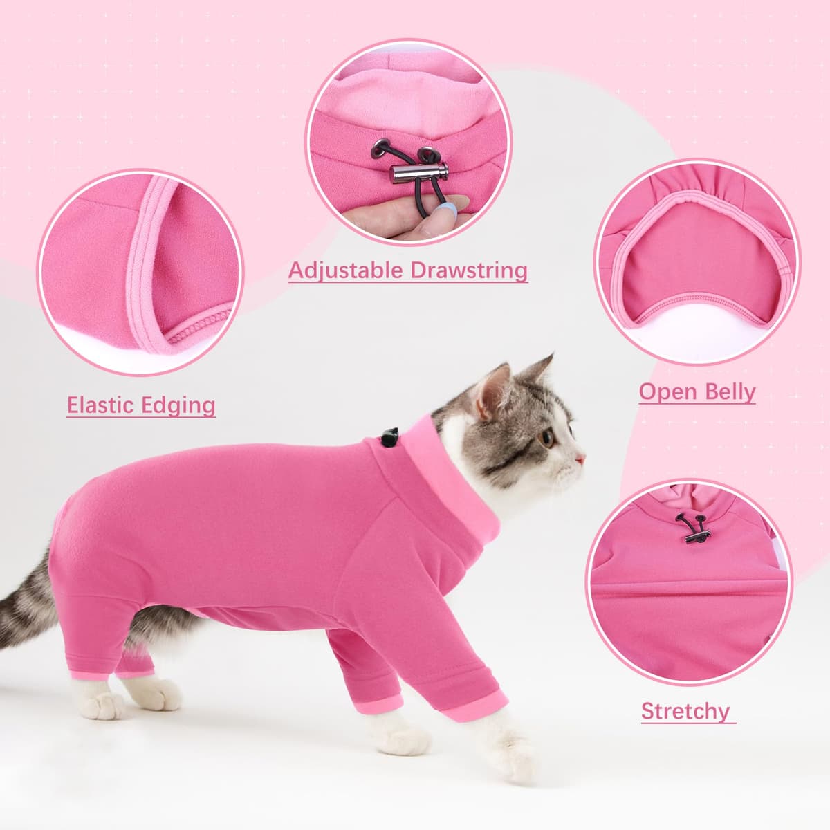 Cat Full Body Recovery Suit, Soft Anti Lick Onesie for Cats Bengal Body Suit with Larger Opening(Pink, S) — view 4