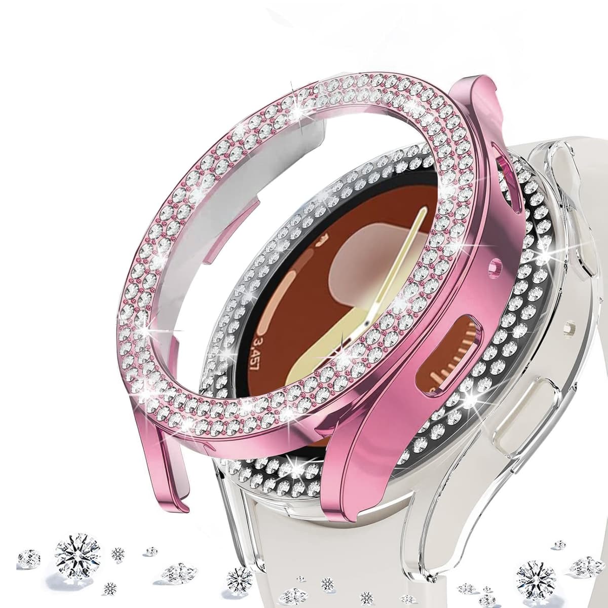 DEALELE [2-PACK] Case Compatible with Samsung Galaxy Watch FE / 5/4 40mm, Bling Double-row Diamond PC Protective Case Protector Cover, 40mm, Rose gold + Transparent — view 76
