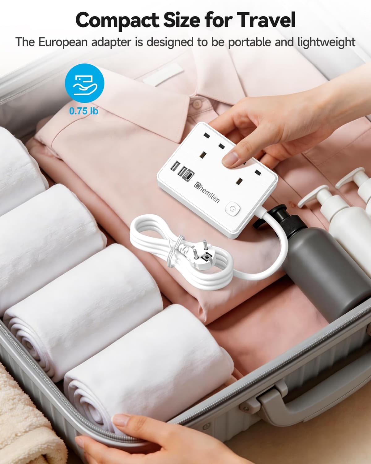 UK to European Plug Adapter 2 UK Outlets & 3 USB Ports, European Plug Adapter with 1.5M Extension Cable for Germany, France, Spain, Turkey, Egypt, Greece, Portugal and More(Type E/F) — view 5
