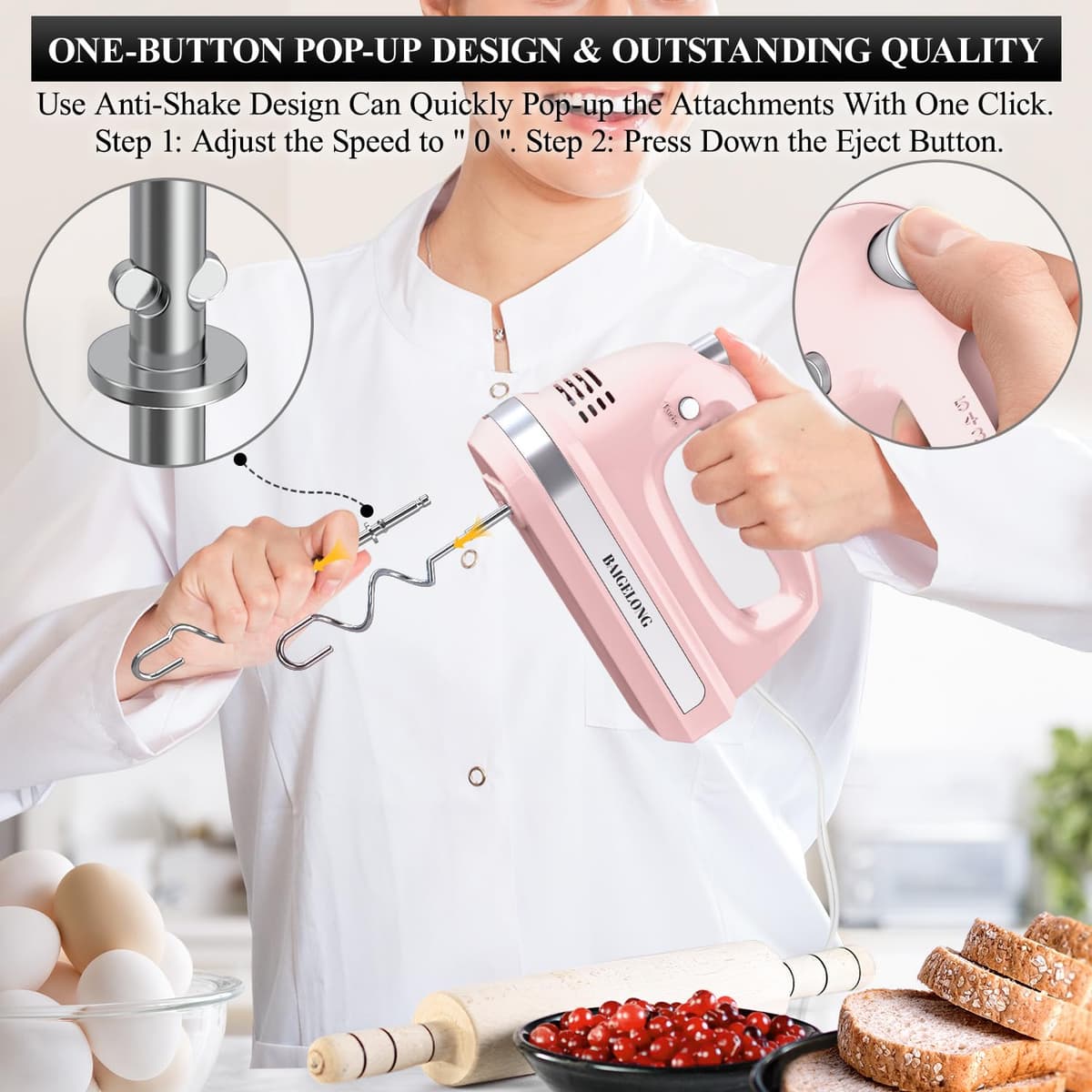 BAIGELONG Hand Electric Mixer, 300W Ultra Power Food Kitchen Mixer with 5 Self-Control Speeds + Turbo Boost, 5 Stainless Steel Attachments Handheld Blender for Baking, PINK — view 6