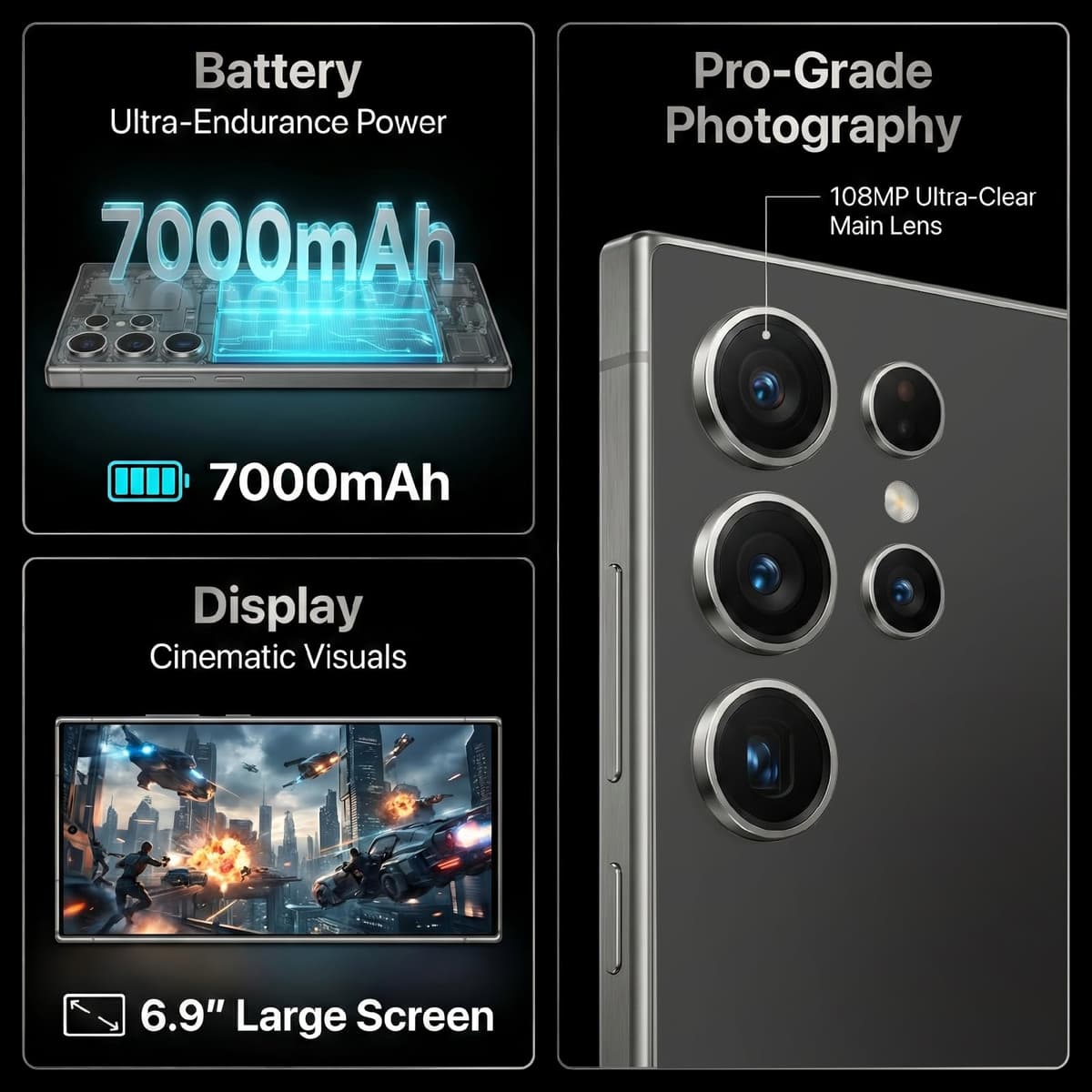 SHUNXINHANG S25 Ultra 5G Unlocked Cell Phone, 16GB+512GB Phone, 6.9" 120Hz Display Smartphone, 108MP Clarity Camera, 7000mAh Long-Lasting Battery, Android 16, Dual SIM/Face ID/GPS-Blue — view 2