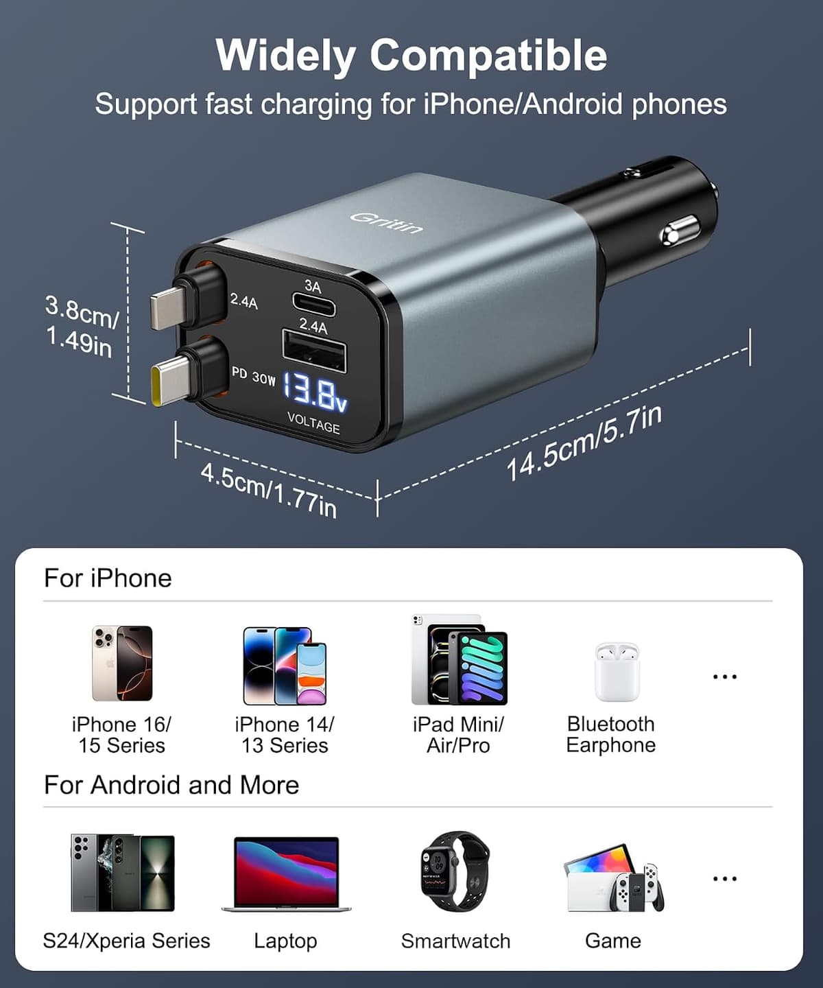 Gritin Retractable Car Charger, 69W Super Fast 4 in 1 USB C Car Charger Adapter with Smart Device-Adaptive Charging Technology&Instant Voltage Display, Accessories for iPhone17 16 Pro Max,iPad,Android Gray — view 5