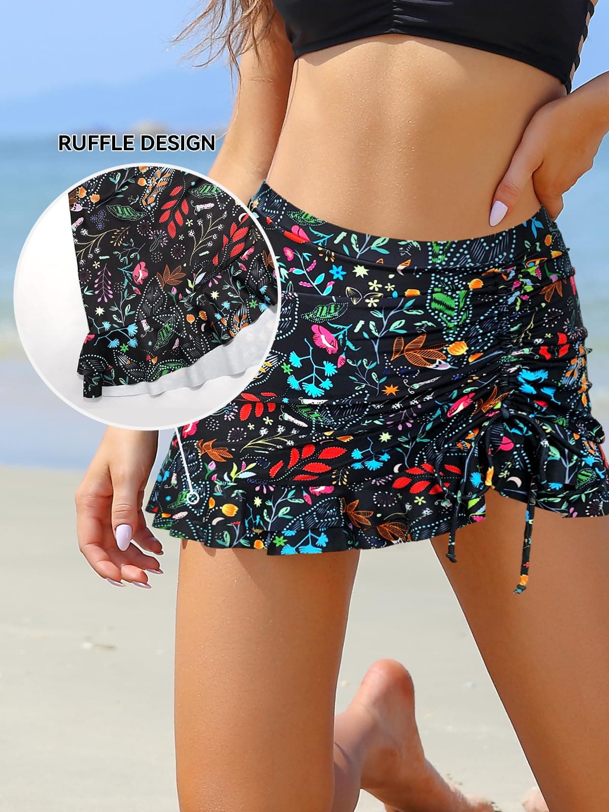SHEKINI Traje de Baño para Mujer Elegante Ruched Bikini Falda Corta Incorporada Pantalones de Bikini Deportivo Verano Falda de Baño con Cordón de Playa — view 5