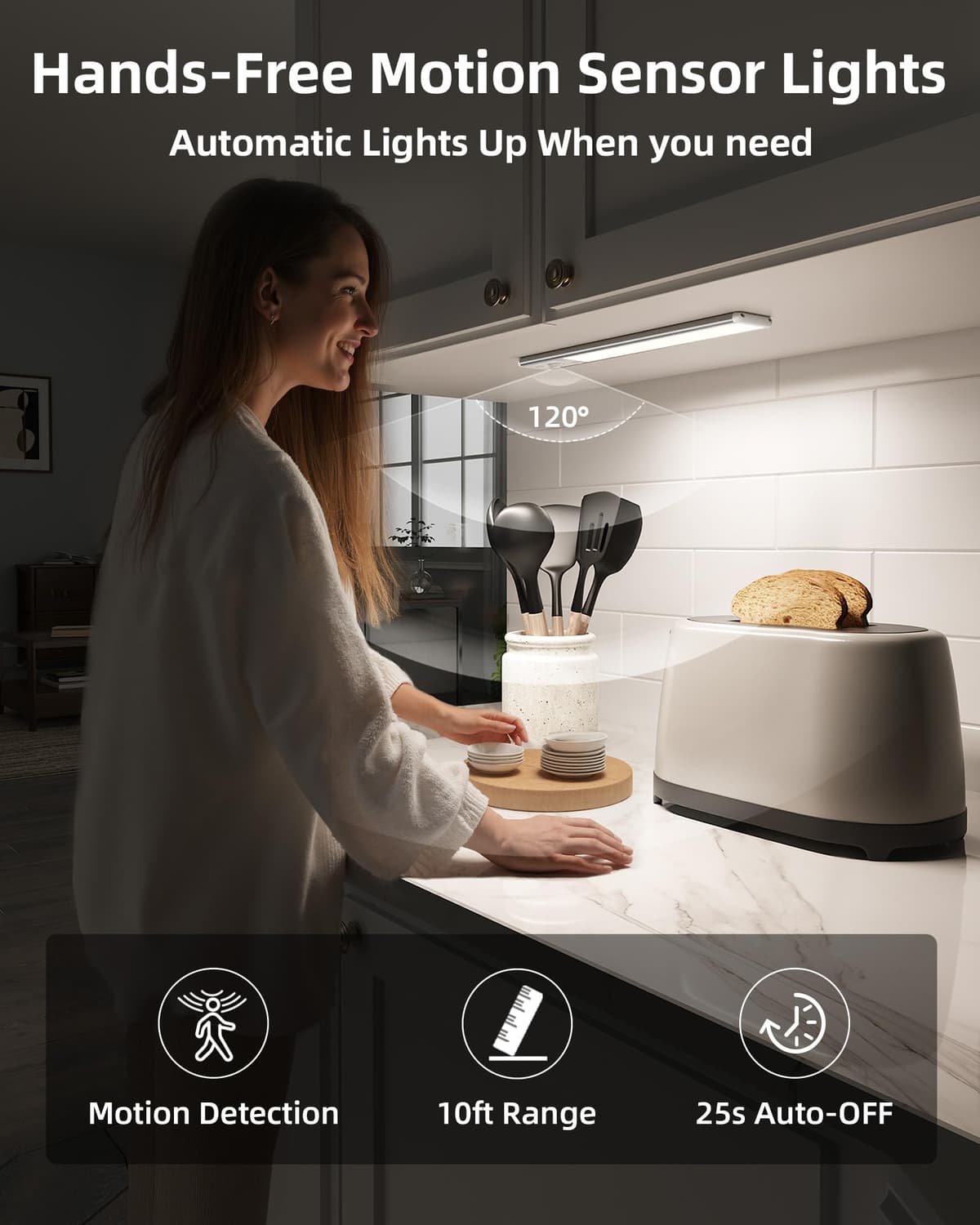 EZVALO Under Cabinet Kitchen Lights, 3 Color Dimmable 62 LED Motion Sensor Lights Indoor, 1600mAh Rechargeable LED Lights for Cupboard, Kitchen (20.5cm, 2 Pack) — view 2