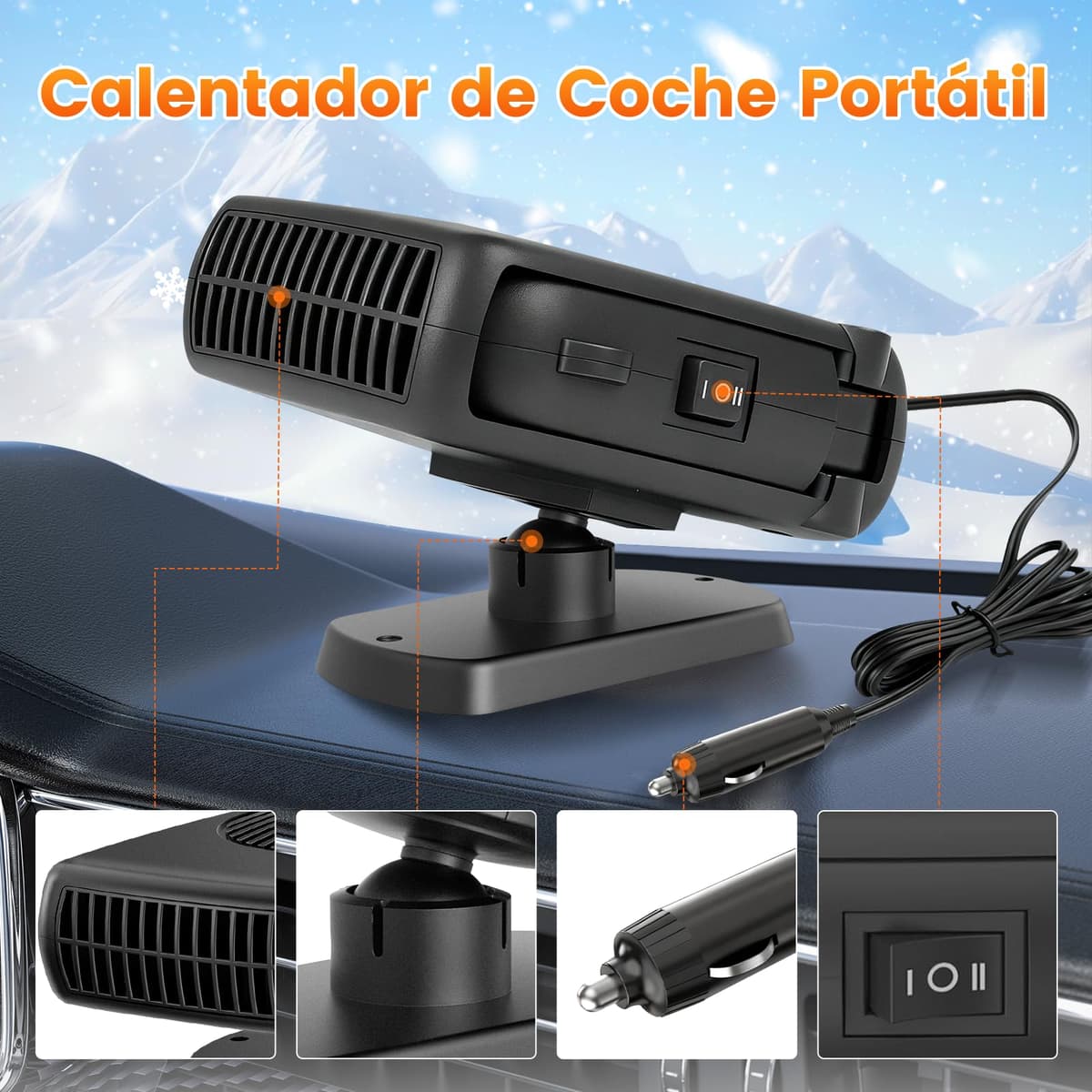 Blytra Calentador Coche 12V 200W, Calentador para Coche Encendedor 12V con Función Calefacción/Ventilación, Rápido Descongelador 360° para Coches y Furgonetas, Negro, 1 — view 4