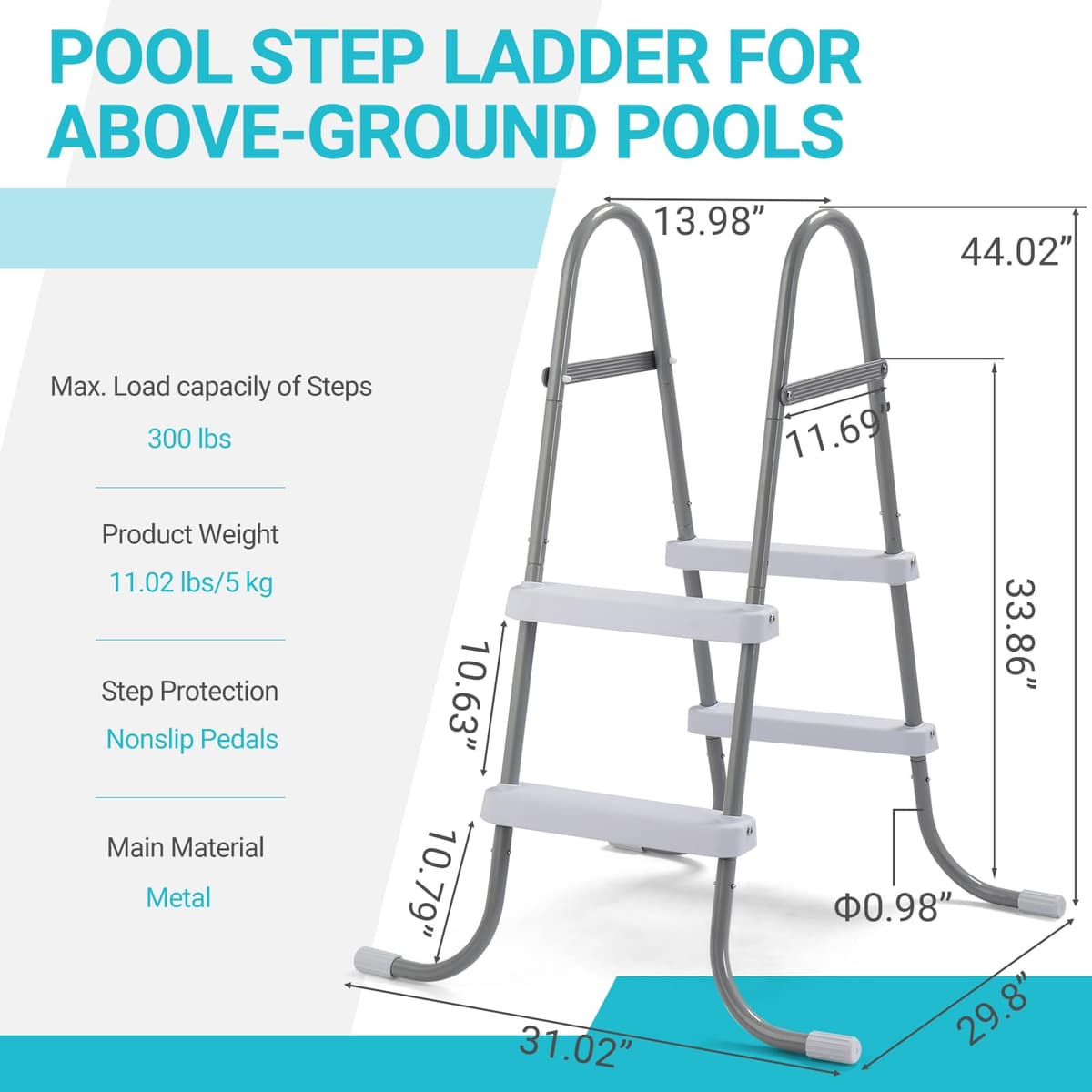 Bonnlo Swimming Pool Ladder, Ladder Steps for Above Ground Pools, 84cm/33 Inch Height, Non-Slip Metal Frame — view 3
