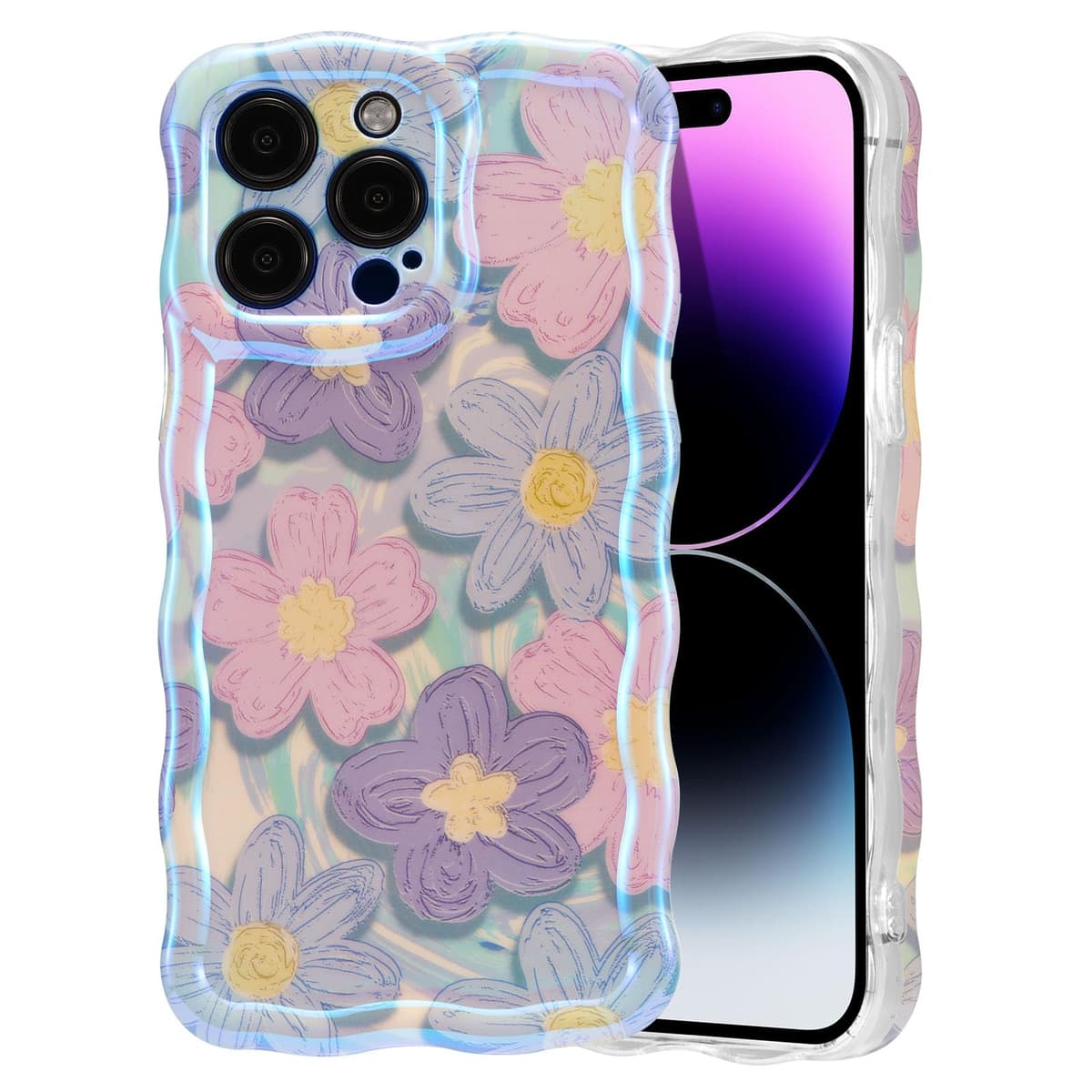 EYZUTAK Case for iPhone 16, Colorful Retro Oil Painting Printed Flower Laser Glossy Pattern Cute Curly Wave Edge Exquisite Phone Cover Stylish Durable TPU Protective Case for Girl Women-Green — view 14