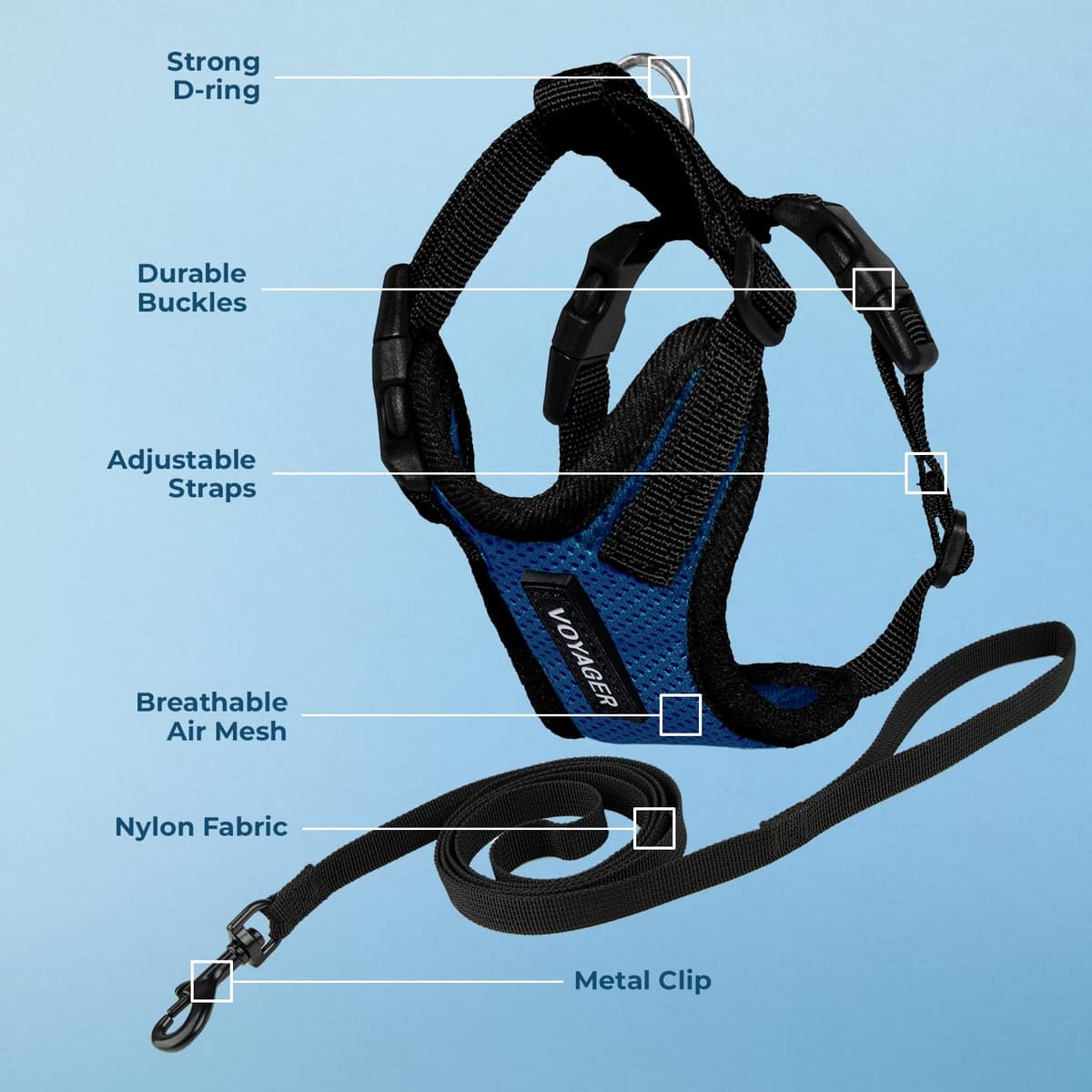 Voyager Step-in Lock Cat Harness and Reflective Cat Leash with Neoprene Handle by Best Pet Supplies - Supports Small, Medium and Large Breed Cats, Royal Blue/ Black Trim, size XXS - 5ft — view 3