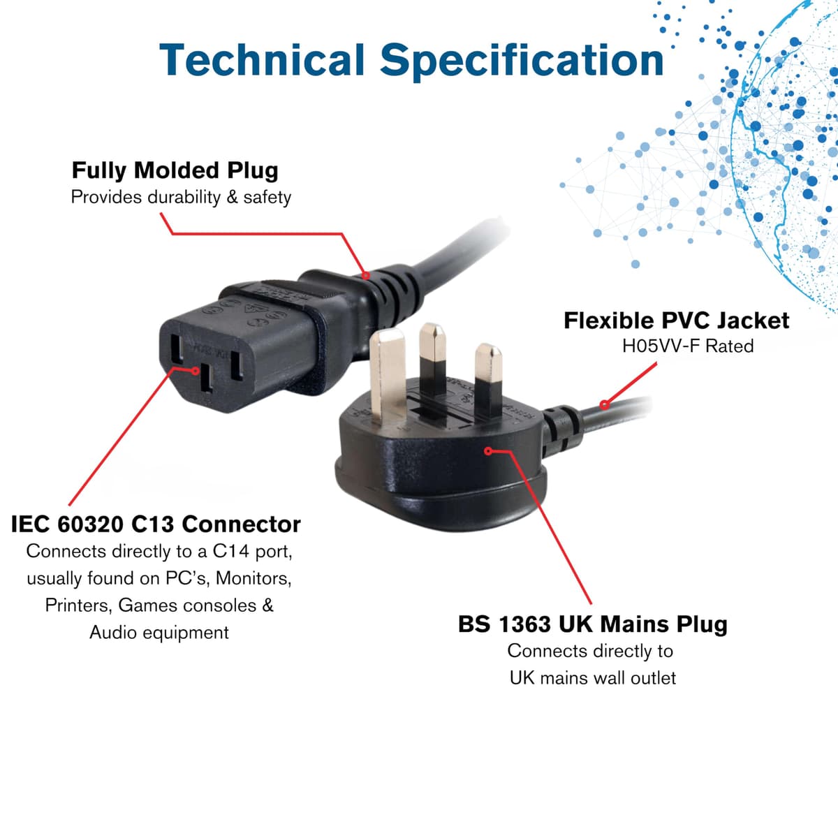 C2G 88512 1 Metre UK Power Cable IECC13 to BS1363 3 Foot Kettle Lead Power Cord, Black — view 3