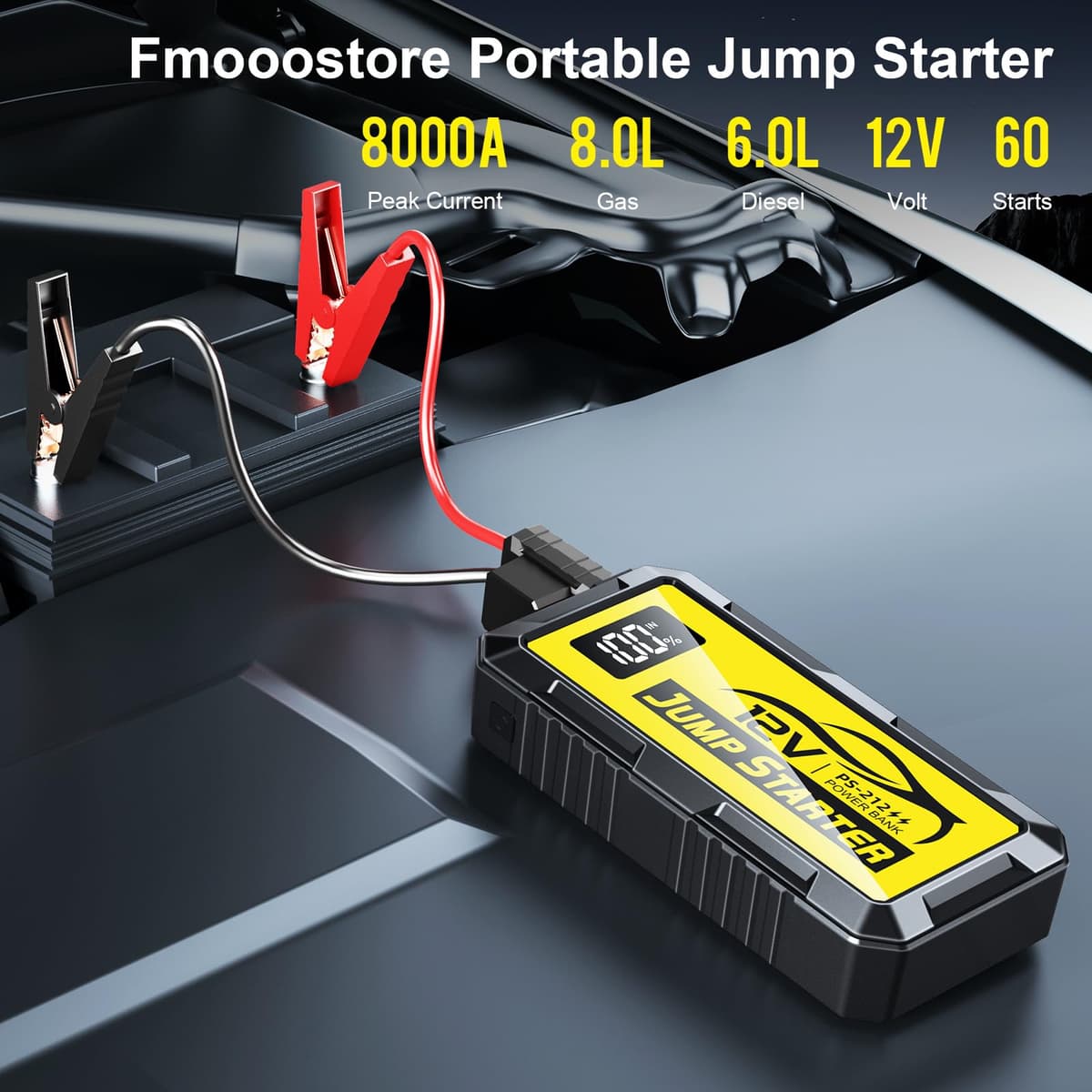PSOOO Jump Starter 12V 8000A Power Pack Car Battery Pack (up to 10.0L Gas or 8.5L Diesel Engine) Jump Cable with Smart Clip and LED light (Yellow) — view 2