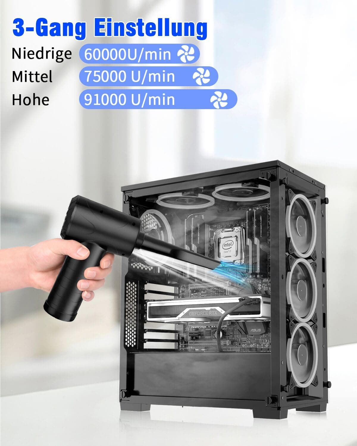 Soplador de Aire para pc, 3 Velocidades 91000 U/min Compressed Air Duster, USB Recargable Plumero Electrico Con batería de 6000mAh, Soplador Aire Comprimido para Laptop, Teclado, Coche — view 6