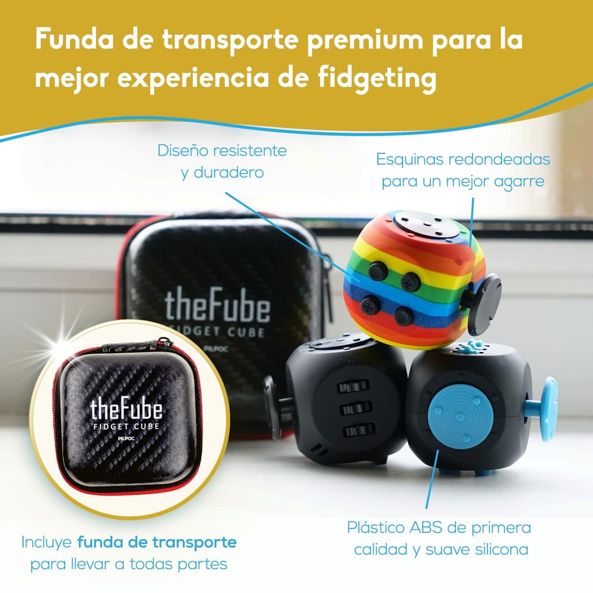 PILPOC theFube Cubo Antiestrés Fidget Cube - Juguetes Sensoriales Adultos y Niños - Juguetes Antiestrés Ansiedad, TDAH, Autismo - Fidget Toy con Lados Silenciosos y Lados de Clics [Negro y Dorado] — view 5