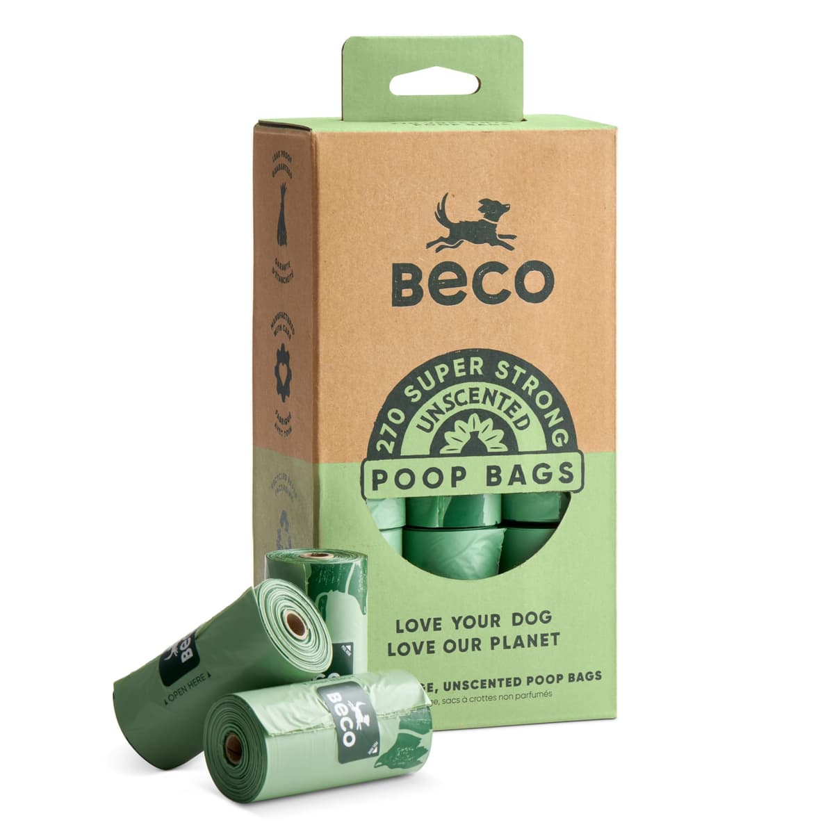 Beco Dog Poo Bags - Strong, Leakproof & Large - 94% Recycled Plastic, Extra Thick Dog Poop Bags, Heavy Duty - Unscented Refill Rolls, 270 Count