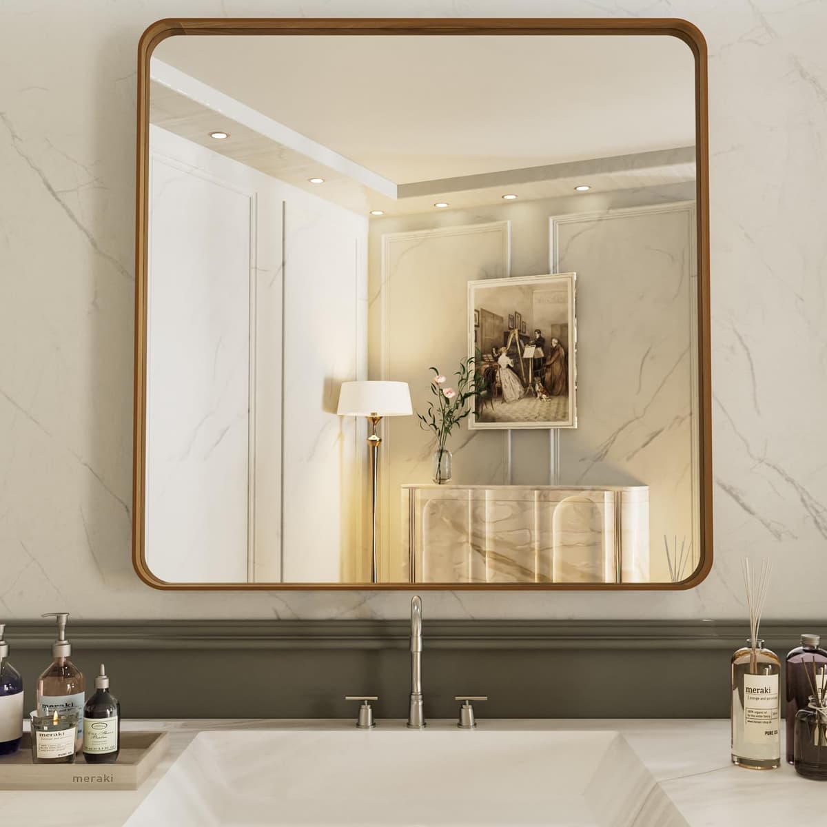 LOAAO 48”X36” Gold Bathroom Mirror, Rounded Rectangle Gold Frame Mirror, Brushed Gold Bathroom Vanity Mirror Wall-Mounted, Anti-Rust, Tempered Glass, Hangs Horizontally or Vertically — view 72