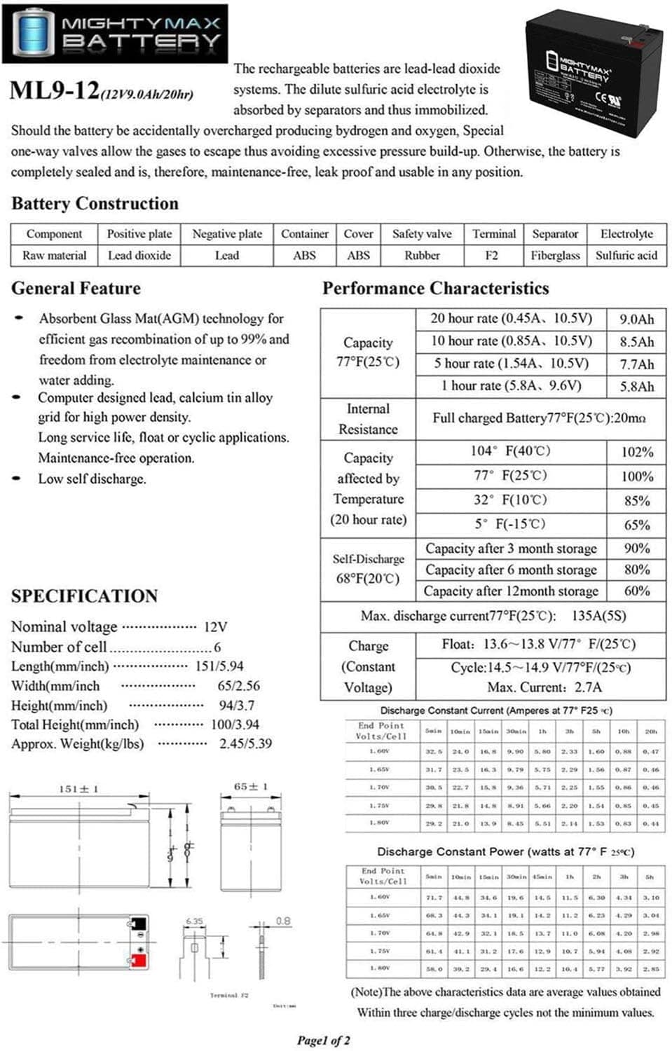 ML9-12 - 12 V 9 Ah Rechargeable SLA Battery - Mighty Max Battery Brand Product — view 6