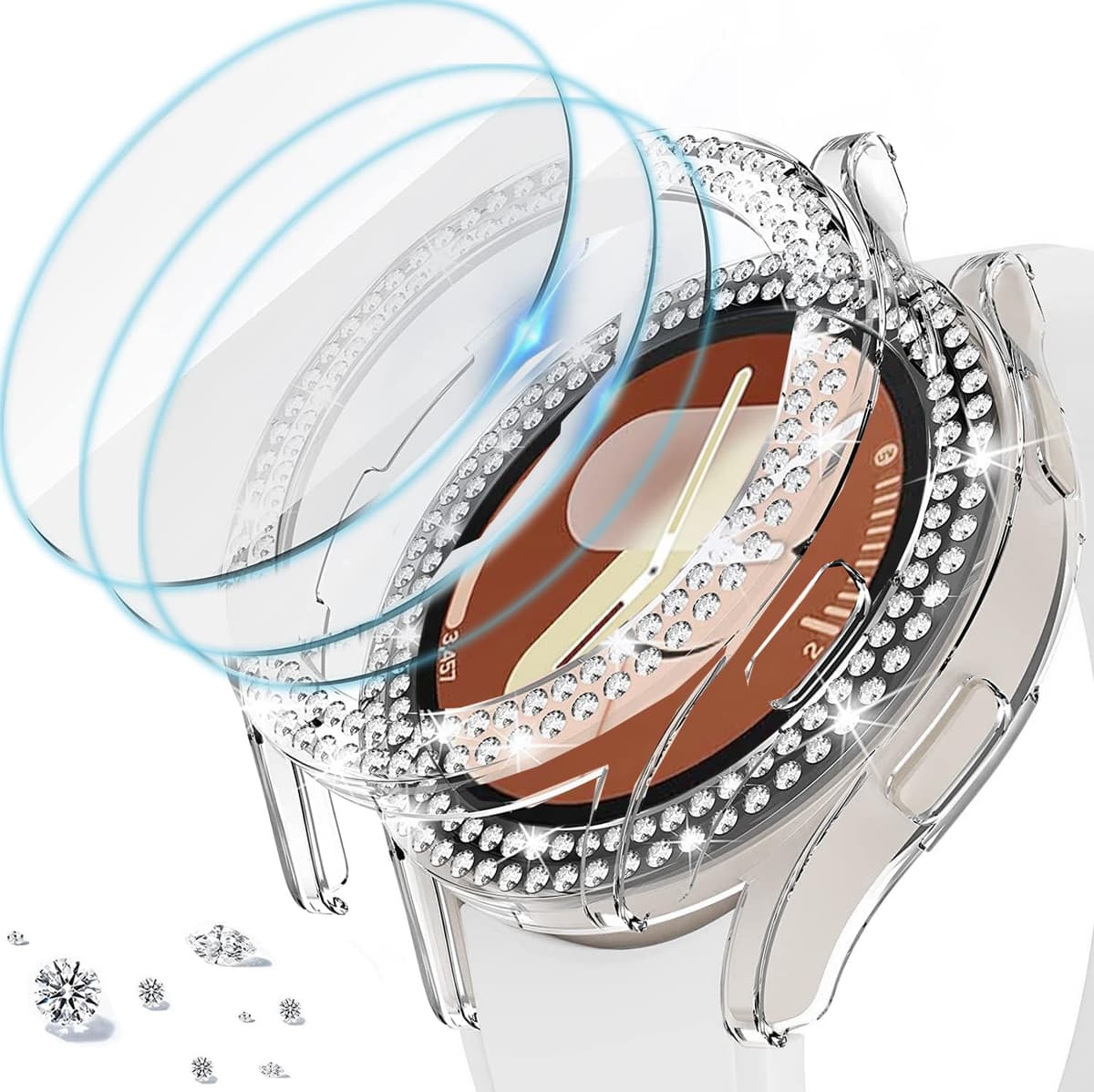 DEALELE [2-PACK] Case Compatible with Samsung Galaxy Watch FE / 5/4 40mm, Bling Double-row Diamond PC Protective Case Protector Cover, 40mm, Rose gold + Transparent — view 47