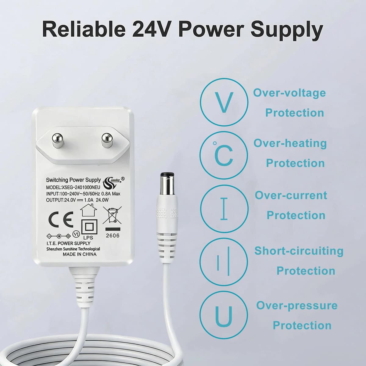 24V 1A Fuente de Alimentación Universal para Tiras LED, Adaptador 24W de Transformación AC 200-240V a DC 24V con Cable 1,5m, Enchufe EU, Conector DC 5,5 x 2,1mm, Cargador 24v — view 4