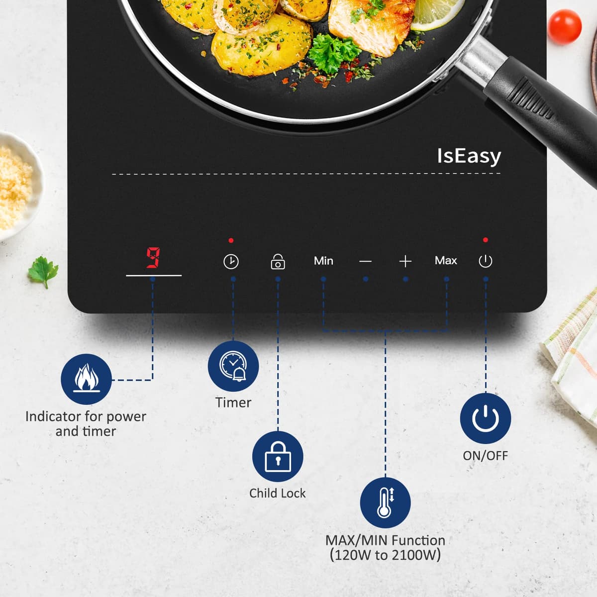 IsEasy Single Induction Cooker 2100W Portable Induction Hob with Slim Black Crystal Panel Body, 9 Power Levels, Max & Min Function, 8-hours Timer, Safety Lock — view 2