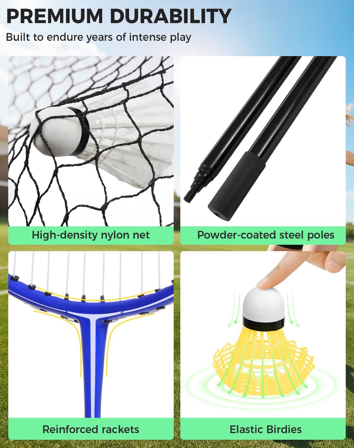 BAGAIL Conjunto de Red de bádminton portátil - Bolsa de Almacenamiento - Base autónoma - Instalación rápida - Red de bádminton con 4 Raquetas y 4 Volantes para Jugar en Interiores y Exteriores — view 3