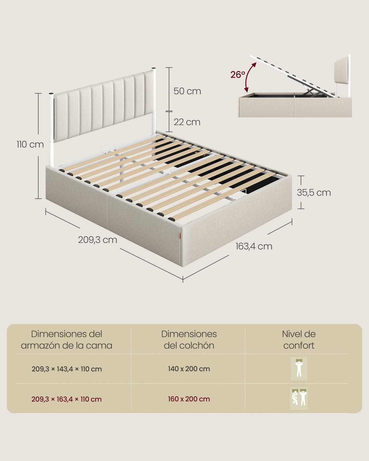 VASAGLE Estructura de Cama, 160 x 200 cm, Cama Elevable, 2 Personas, con Almacenaje, Cabecero, Sistema Hidráulico, Moderno y Minimalista, Fácil Montaje, Beige Capuchino RMB615LH01 — view 2