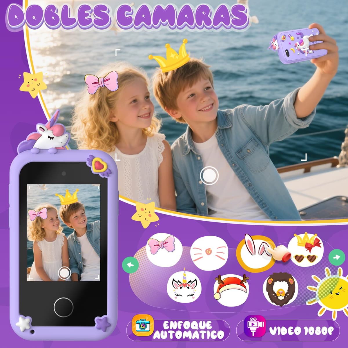 Fippesax Smartphone Niños, Cámara con Pantalla Táctil de 2,8 Pulgadas, Teléfono Móvil para 20 Juegos Educativos, Cámara Dual, Regalo de Cumpleaños de Navidad para Niños de 3 a 9 Años Morado — view 3