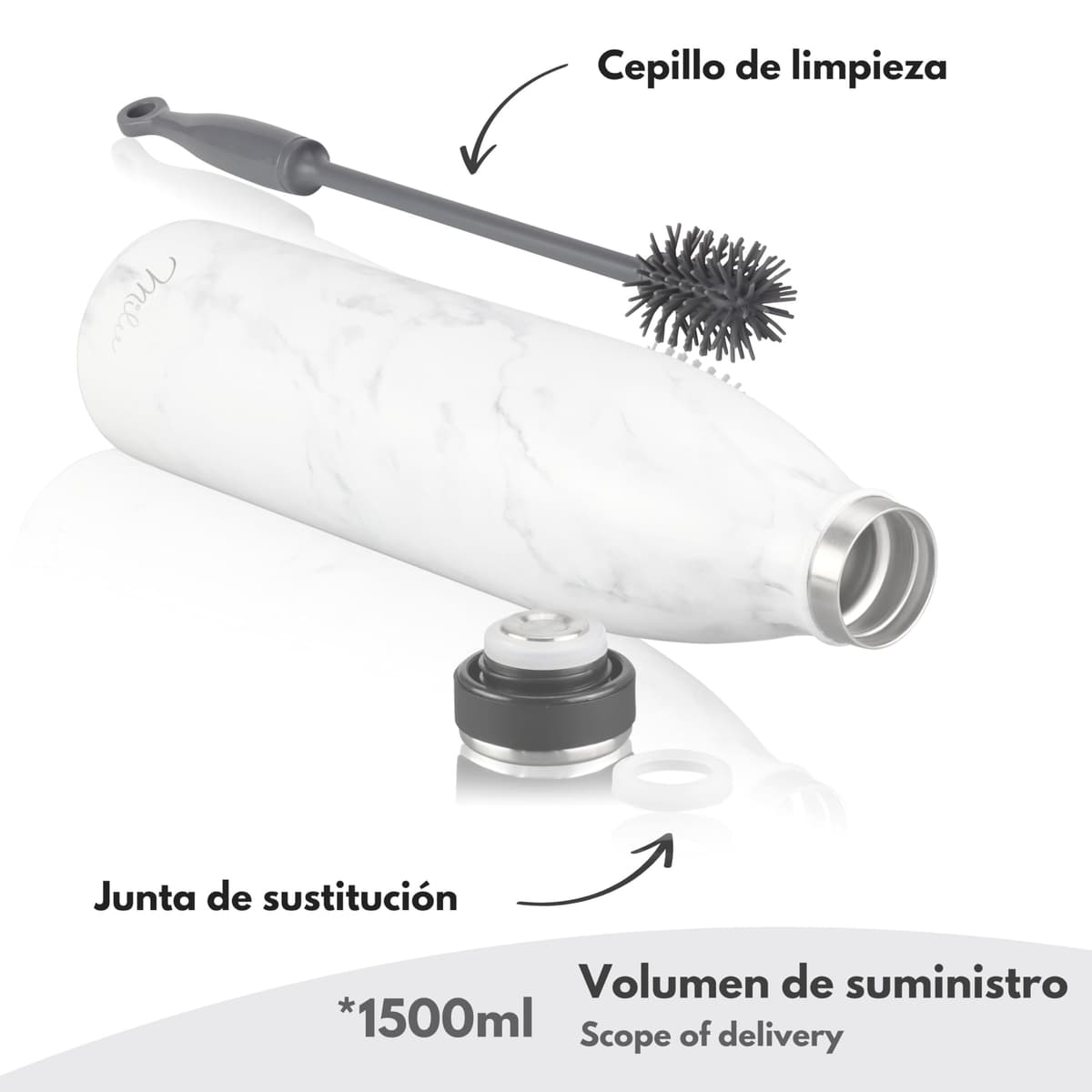 Milu Botella de acero inoxidable de 350ml 500ml 750 ml 1 L 1,5 L botella de agua aislada, termo a prueba de fugas, doble pared, apta para ácido carbónico + cepillo de limpieza (Azul Violeta, 350ml) — view 231