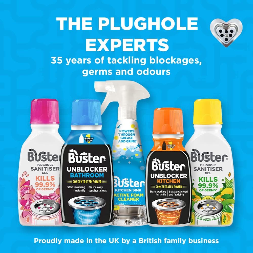 Buster Bathroom Drain Unblocker (Pack of 2 x 300ml) Fast-Acting Sink Unblocker Dissolves Hair, Sludge and Soap, Drain Cleaner Clears Blockages in Shower, Bath and Bathroom Sink Pipes - Made in UK — view 7