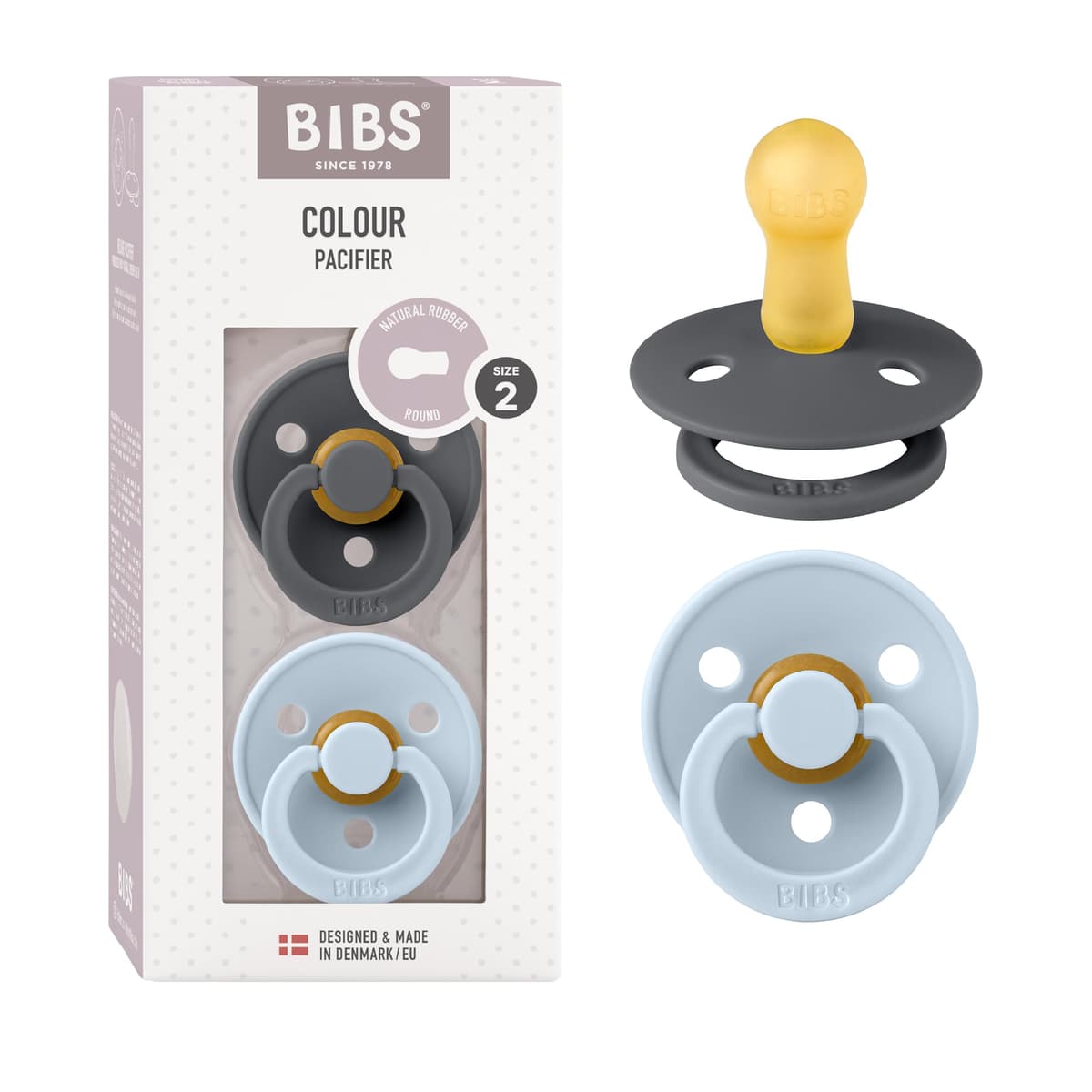 BIBS Colour Soother 2-Pack, BPA Free Dummy Pacifier, Round Nipple. Natural Rubber Latex, Size 2 (6-18 Months), Sky Blue/Steel Blue — view 84