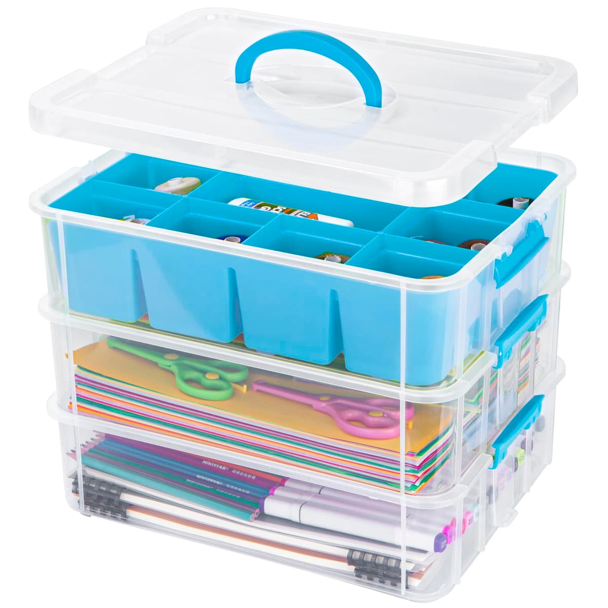 Creahaus 3 Layer Plastic Stackable Storage Boxes with Lid & Carry Handle,Storage Containers Multipurpose Portable Clear Organizer Carry Box for Organizing Art Craft,Sewing, Bead, Tool (Whter — view 8