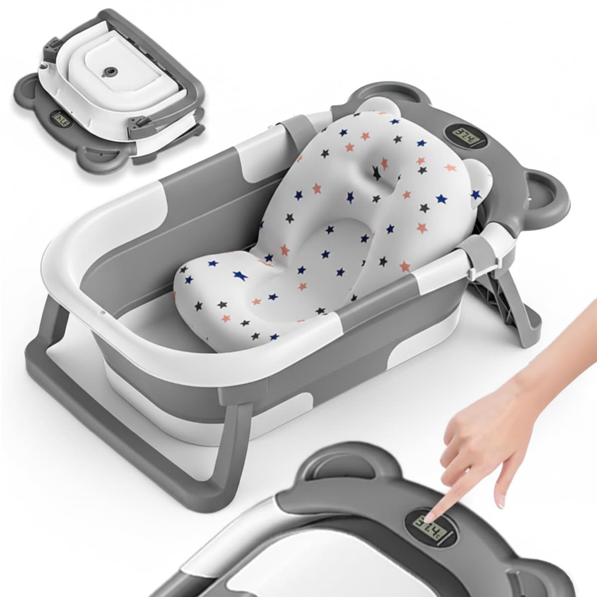 Bañera Plegable Bebé Con Cojín De Baño Antideslizante - Bañera Bebe Plegable Con Termómetro - Asiento bañera Bebe - Desde El Nacimiento Hasta Los 3 Años - Regalos De Nacimiento (GRIS, DINO) — view 15