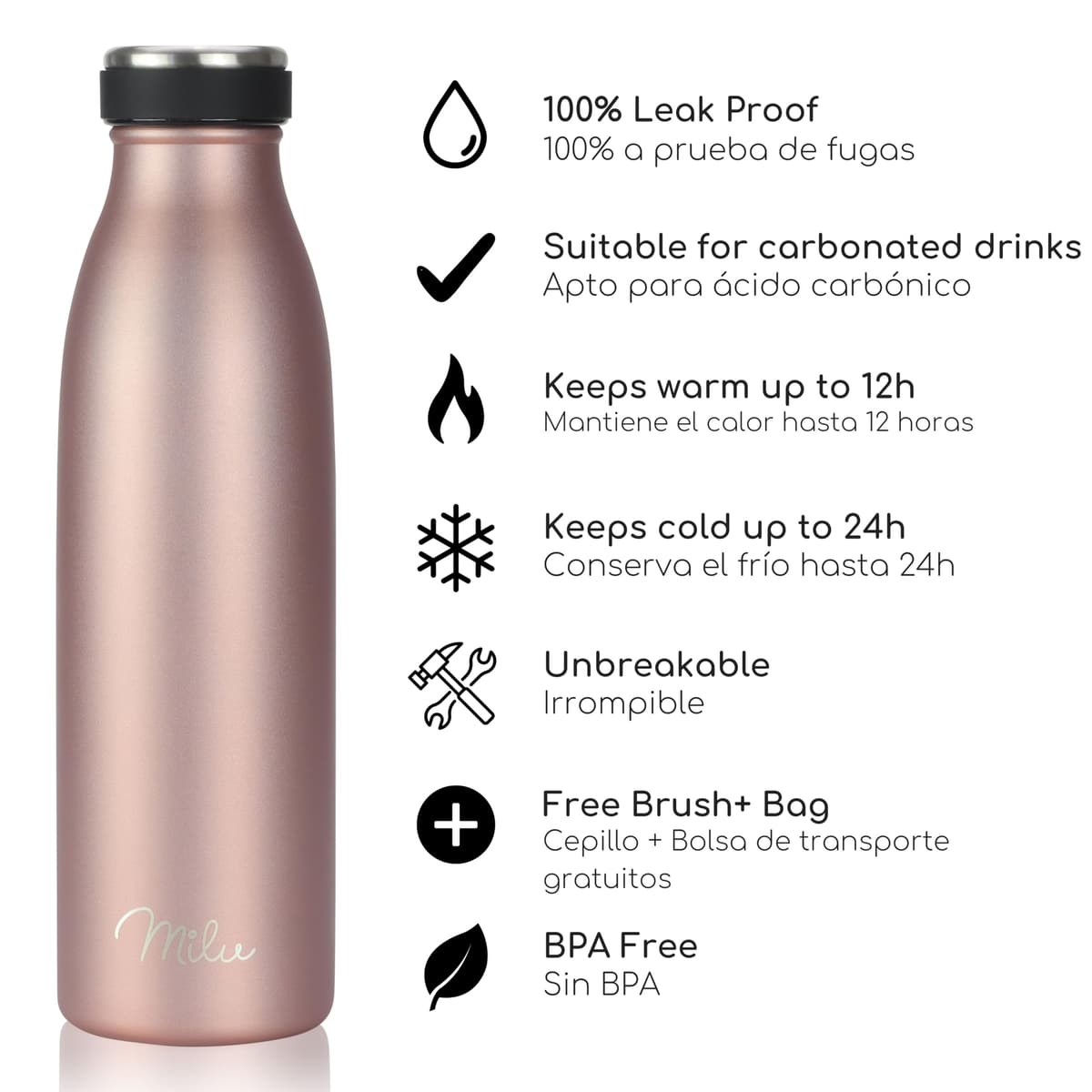 Milu Botella de acero inoxidable de 350ml 500ml 750 ml 1 L 1,5 L botella de agua aislada, termo a prueba de fugas, doble pared, apta para ácido carbónico + cepillo de limpieza (Azul Violeta, 350ml) — view 126