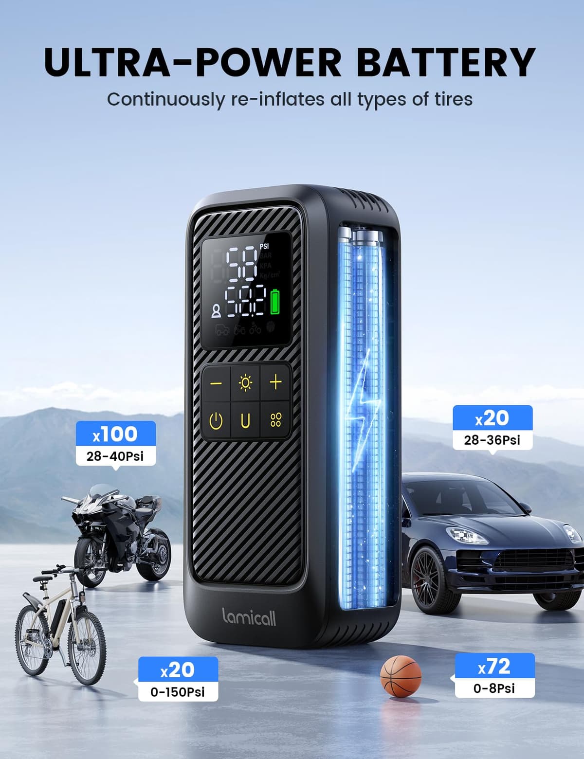 Lamicall Car Tyre Inflator Air Compressor - [5x Faster Inflation] Portable Air Pump with Digital Pressure Gauge & LED Light, 150PSI Electric Tyre Pump with Auto Shutoff for Car, Motorcycle, Bike, Ball — view 3