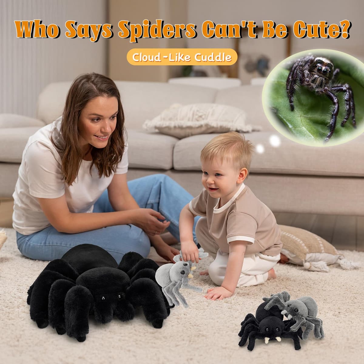MorisMos Big Spider Teddy Soft Toy, 40cm Large Black Spider with 3 Cuddly Baby Inside, Giant Fluffly Stuffed Animal, Realistic Kawaii Plush Gift for Kids Birthday — view 6
